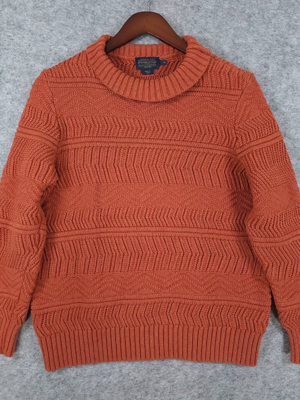 Pendleton XL Chunky Knit Cotton Cashmere Sweater Orange Cabincore Chevron Fall
